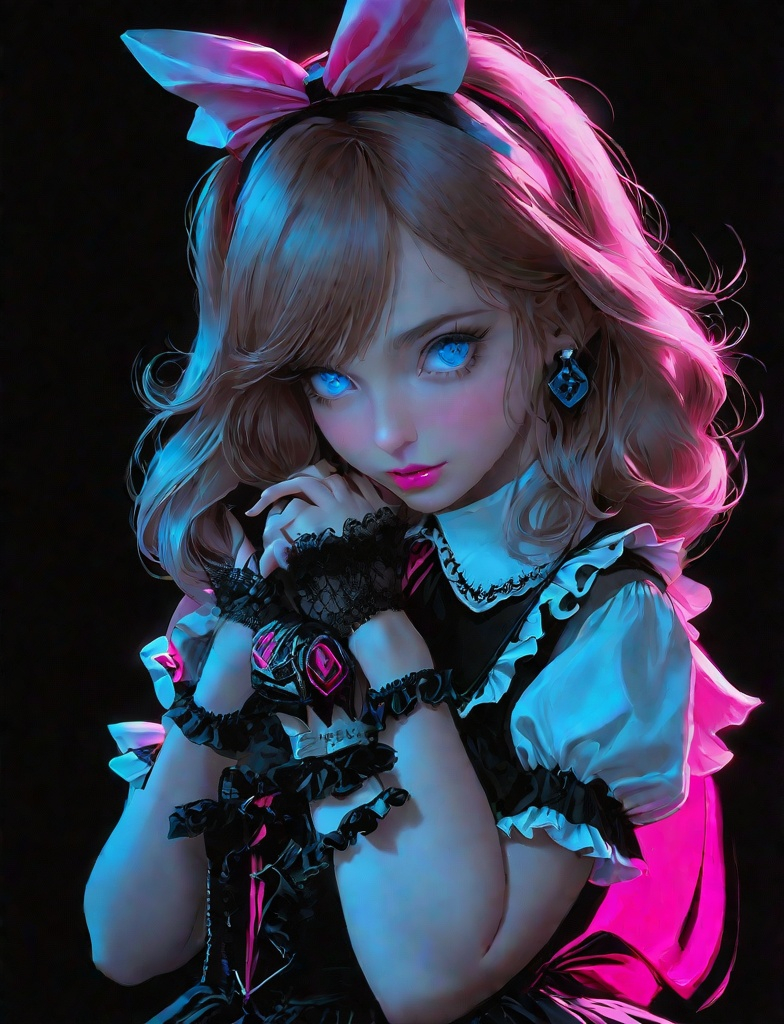 Prompt: Alice in Wonderland, blue neon eyes, neon pink, black background, creative, expressive, unique, high-quality, Canon EOS 5D Mark IV DSLR, 185mm lens f/8 aperture, 1/125 second shutter speed, ISO 100, Adobe Photoshop