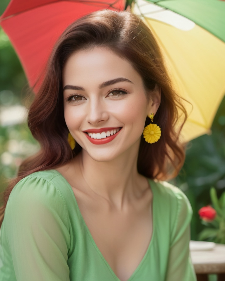 Prompt: A smiling woman in a romantic setting, depicted in green, yellow, and somewhat red pastel colors with not much contrast. The image should be perfectly photorealistic, capturing the essence of a serene and gentle moment