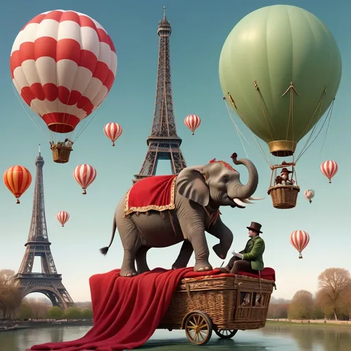 Prompt: A whimsical, fantastical scene set at twilight with a large red and white striped hot air balloon in the sky. Attached to the balloon, instead of a basket, there's a seat where an elephant is flying. The elephant is adorned with a red blanket with gold trimmings and has a person in a red jacket and post rider hat astride it, holding reins. Another individual in a green coat and hat is seated beside the elephant, perhaps on a floating platform, observing the surroundings. Below them, the Eiffel Tower stands tall amidst floating paper airplanes. The atmosphere is magical, with a clear blue sky speckled with stars, and the overall color palette is in warm sepia tones, lending a vintage look with steampunk gantry elements.