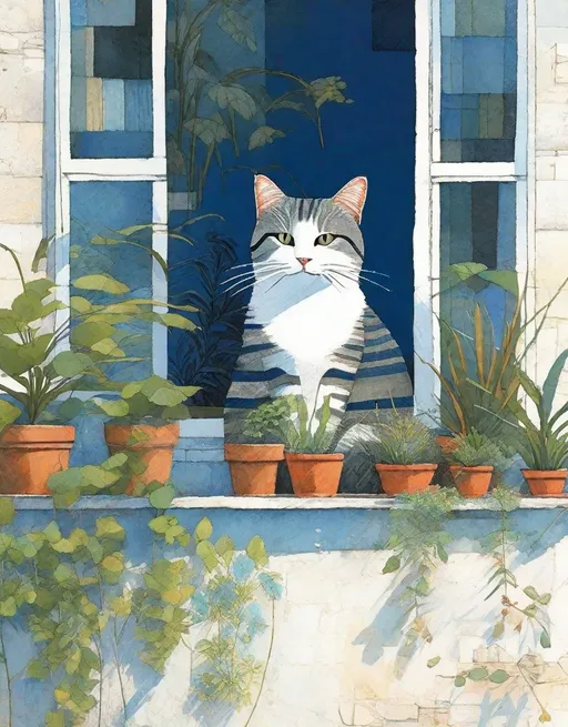 Prompt: whimsical illustration of a cat with indigo stripes, lounging in a sunlit window, surrounded by potted plants, art by Sam Toft, Jamie Heiden, Michael Creese. 3d, extremely detailed 