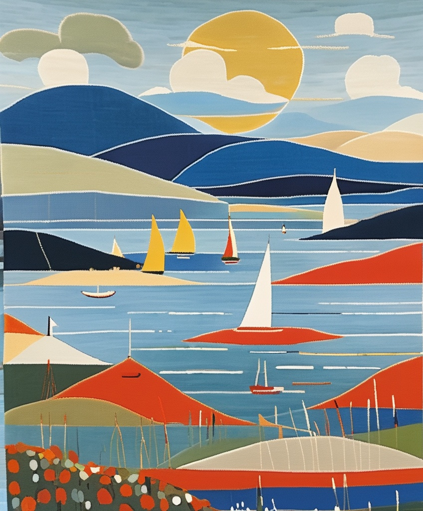 Prompt: Whimsical tapestry depicting Hobart harbour with view of mount wellington , mid century modern by hilma af klint 