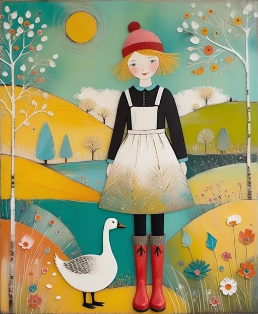 Prompt: art Style By Sam Toft, Florine Stettheimer, Dina Wakley, Elisabeth Fredriksson, using encaustics Paint and feather to give the image texture: a pretty cute girl and a goose wearing colour rubber boots in a whimsical landscape 