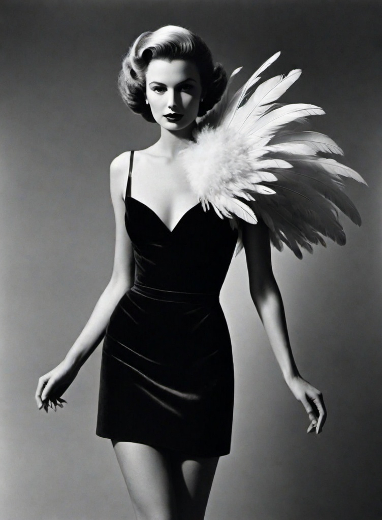 Prompt: i adore her metaphorical chicken feather dress by Jens blumenfeld, Herbert List 