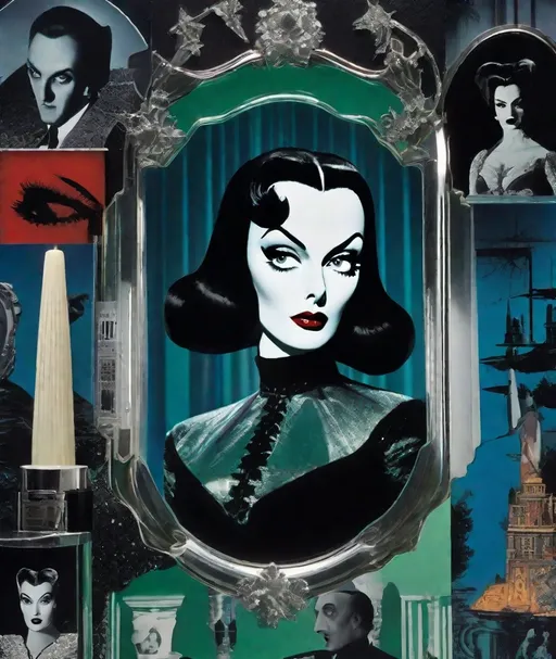 Prompt: intriguing medieval grunge fantasy, Vampira in Plan 9 from Outer Space in fornasetti style, by laurie simmons