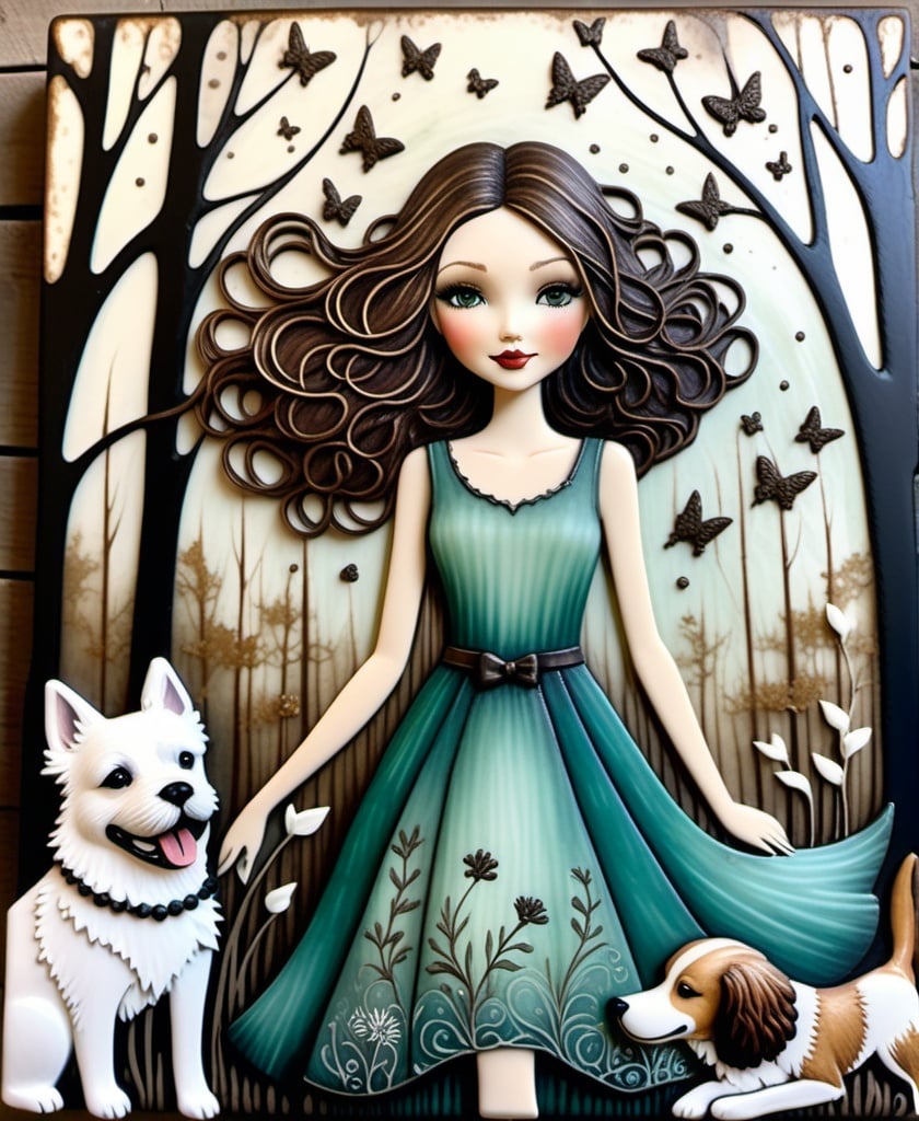 Prompt: Encaustic Gritty patina painting, The beautiful darling young lady with blowing hair and a silly dog art by Jessica Galbreth, Katie Scott. Joyful atmosphere, Whimsical forest background, Extremely detailed, intricate, beautiful. 
