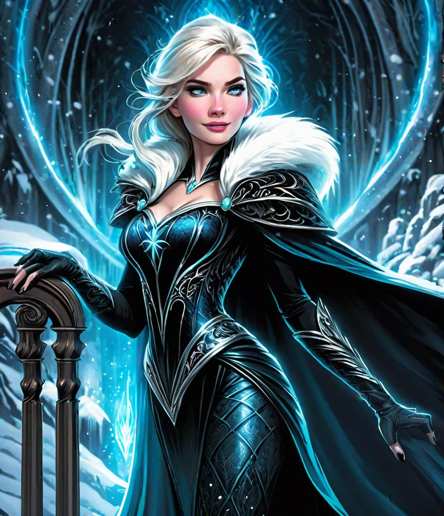 Prompt: let it go, let it go, gorgeous super-villain, dark gothic evil Disney Princess Elsa (Ed Benes Studio), bad-girl Elsa singing on the frozen bifrost bridge, symmetrical portrait, comic book art, very elegant, fantasy character art