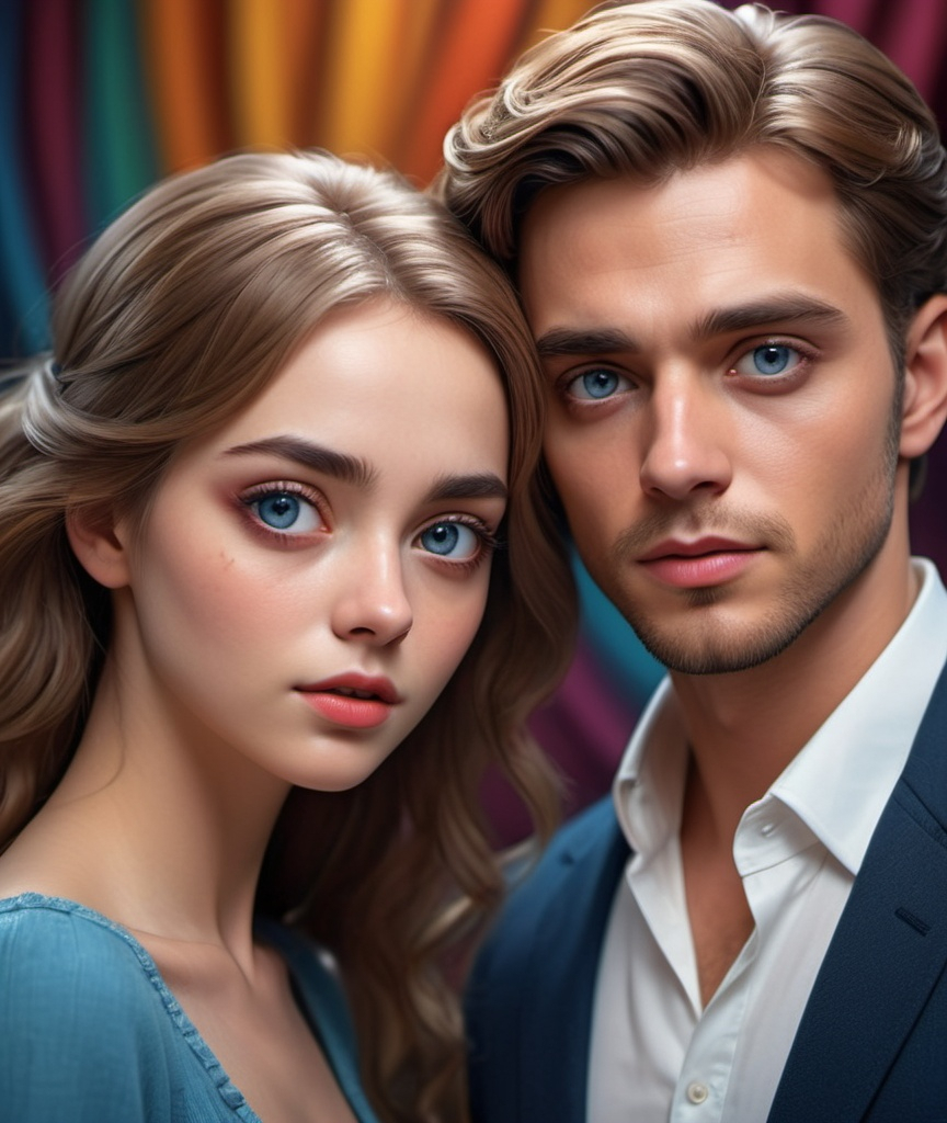 Prompt: movie visuals, masterpieces, super cool beautiful couple, sartorial beauty, exquisite facial features, beautiful hair, colorful pupils, large expressive eyes, dreamy background, 3d rendering, high color reproduction, ultra-high definition, top-notch, digital art, virtual engine rendering, hyperrealistic 