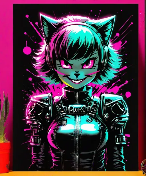 Prompt: kittycat punk pop graffititty in a iconic punk bad girls pose poster, underground euro outlaws from denmark. Surrealist art with a poppy punk dark light flavor. A mix of heavy blacks and neon. Smiles cuteness and snarls. Fantastic museum quality art illustrated hot poster. futuristic retro cool.