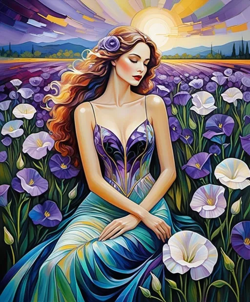 Prompt: Peeling encaustic texture, Karen Tarlton, Irene Sheri Vishnevskaya, Irmgard Schoendorf Welch, Aimee Stewart, the beguilling goddess of death lounges in a field of lisianthus, She inspires fear, yet we are drawn to her. Seeking her embrace and the resulting serenity. 