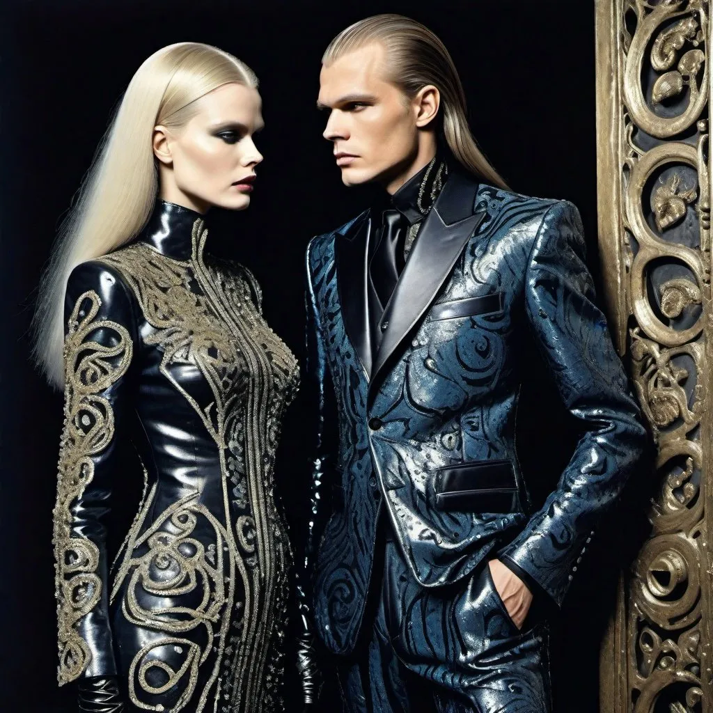 Prompt: Style by HR Giger, John Olsen, Alexey Brodovitch: medieval grunge fashion, Man and Woman, stylized medieval fabulousness Balenciaga suits , embroidered with sequins, rhinestones, colorful sequins, damask shoes, evening scene , Deco