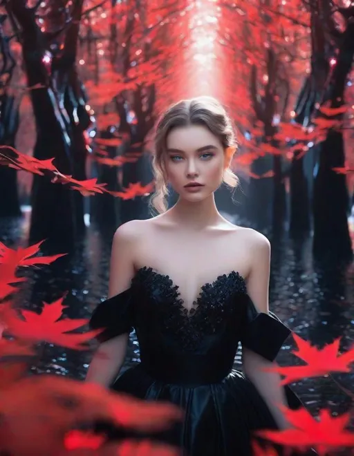 Prompt: 3/4 head shoot: A beautiful young lady, beautiful face, wearing opalescent black dress in a ghostly forest of white stem trees with red leaves, god rays through the tees, rim lighting art by Brandon Woelfel, Albert Watson,  Yves Saint-Laurent, Thomas Edwin Mostyn, Hiro isono, James Wilson Morrice, Axel Scheffler, Gerhard Richter, pol Ledent, Robert Ryman. Guache Impasto and volumetric lighting. 3/4 portrait, Mixed media, elegant, intricate, beautiful, award winning, fantastic view, 4K 3D, high definition, hdr, focused, iridescent watercolor and ink