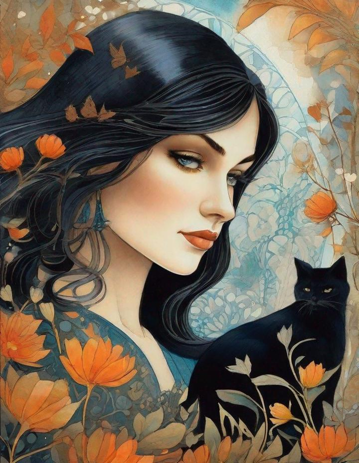 Prompt: A mesmerizing witch with pretty face, black blueish hair, and beautiful green eyes surrounded by magical flowers and her black cat art by Anna and Elena Balbusso, Marc Allante, Charles Robinson, pol Ledent. inlay, watercolors and ink, beautiful, fantastic view, extremely detailed, intricate, best quality, highest definition, rich colours. intricate beautiful, award winning fantastic view ultra detailed, 3D high definition