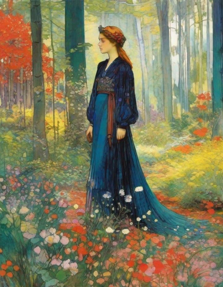 Prompt: Lovely pretty beautiful young lady, beautiful face, in a magical colorful forest in bloom Illustration art by Ferdinand Hodler, Romulo Royo, Yulia Brodskaya, Edward Julius Detmold, Paolo Roversi, Thomas Edwin Mostyn, Hiro isono, James Wilson Morrice, Axel Scheffler, Gerhard Richter, pol Ledent, Robert Ryman. Guache Impasto and volumetric lighting. Mixed media, elegant, intricate, beautiful, award winning, fantastic view, 4K 3D, high definition, hdr, focused, iridescent watercolor and ink