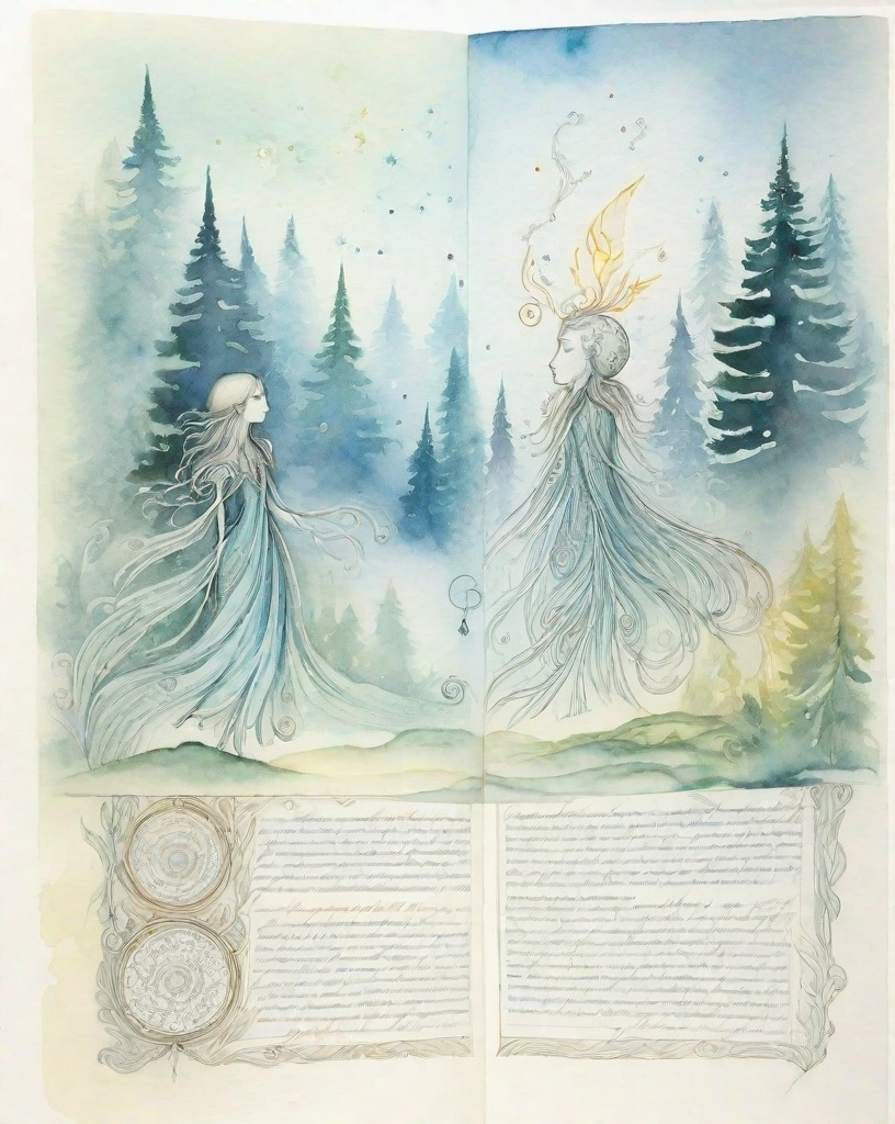 Prompt: folklore will-o'-the-wisps schematics watercolor and ink, ancient text and illustrations depicting where to locate these mystical elemental spirits 