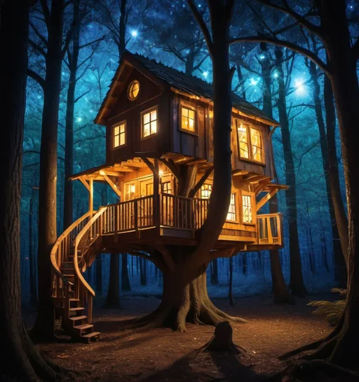 Prompt: photonegative refractograph of a cozy treehouse in the mystical woods where shadows are figures and figures make shadows of the spirit with prismatic sparklecore and cosmicpunk highlights in an ethereal lit night 