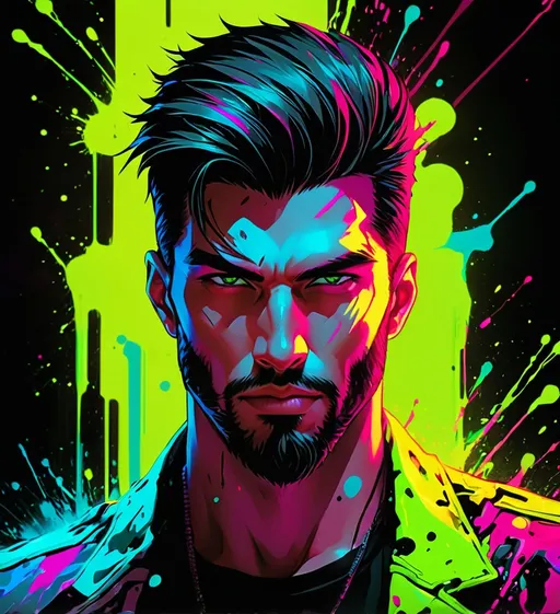 Prompt: abstract paint, neon splatter, handsome man, cyberpunk