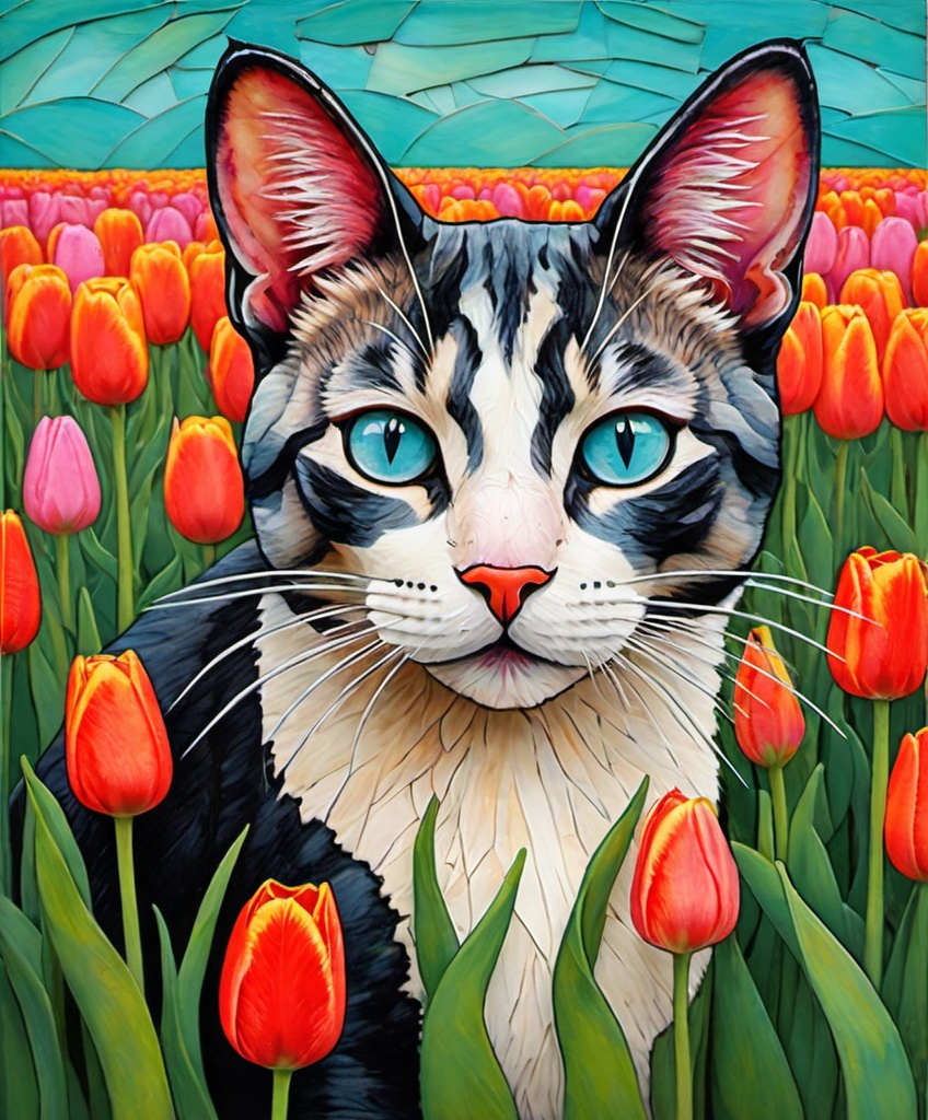 Prompt: encaustic texture gradient crossed colors, a whimsical beautiful cat in a field of tulips, piercing odd colored eyes, Marc Johns, Javier Mariscal, Charles Rennie Mackintosh  style