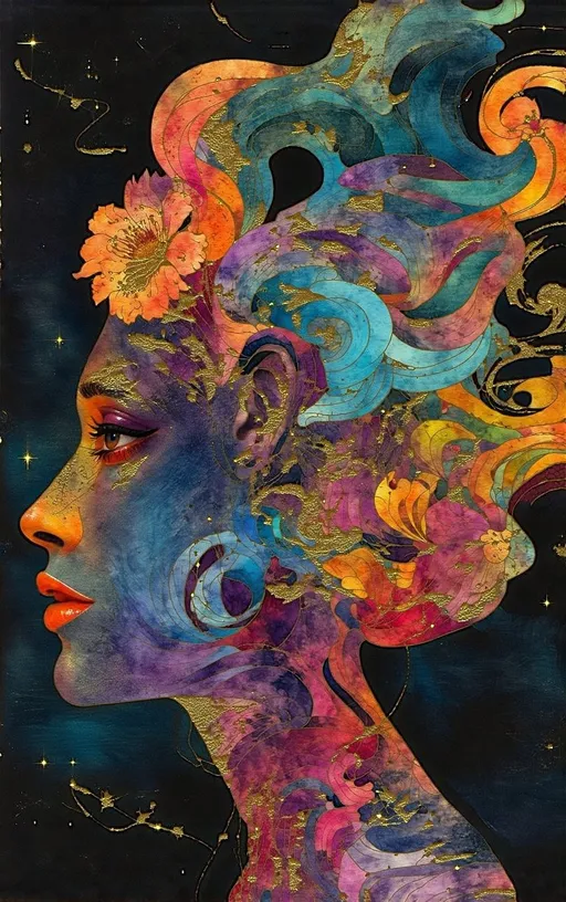 Prompt: A vibrant, abstract portrait blending human features with cosmic and floral elements. Swirls of blue, purple, orange, and gold come together to form a side profile of a face. The image exudes a psychedelic, dream-like quality with intricate patterns reminiscent of art nouveau intertwined with celestial motifs on a dark, textured background.