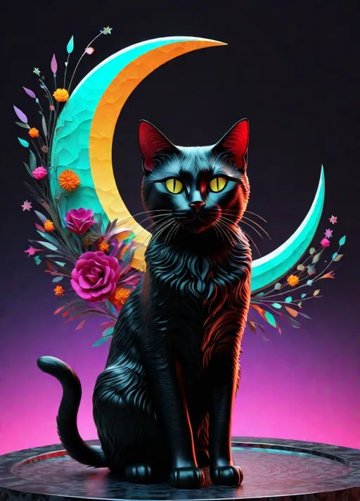 Prompt: black cat crescent moon dia de los muertos constructivist glitch art. 3d, photorealistic 