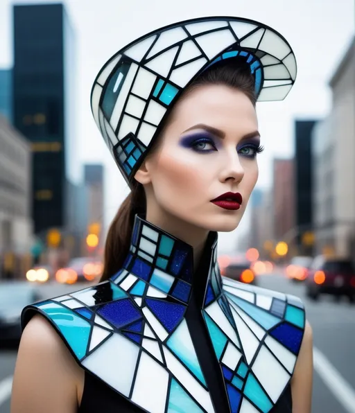 Prompt: A beautiful avant garde Woman from the future, fused glass City 