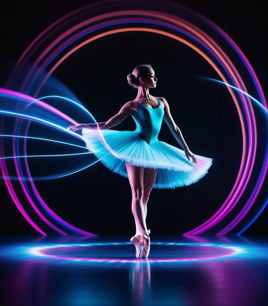Prompt: a Ballerina dancing on an empty stage in a photonegative refractograph light painting style, liquid crystals, vaporwave, colorful laser lightshow