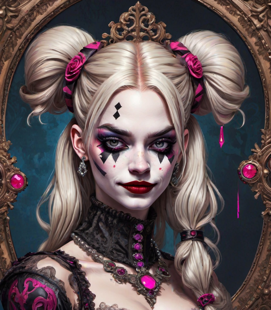 Prompt: harley quinn fancy ornated on neon victorian age, medieval grunge, victorianpunk, fashion design sketch, met gala event, royal gala, rococo, baroque, hyper realistic, insanely detailed and intricate, hyper maximalist, elegant, super detailed, dynamic pose 