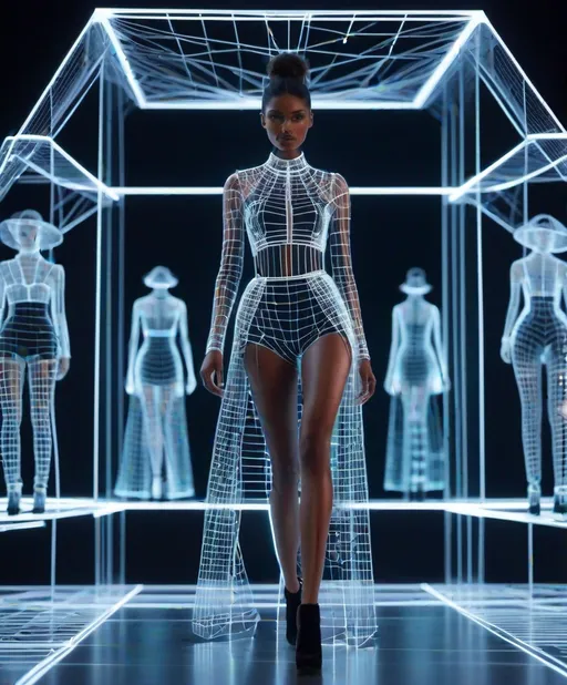 Prompt: **wireframe hologram fashion show 