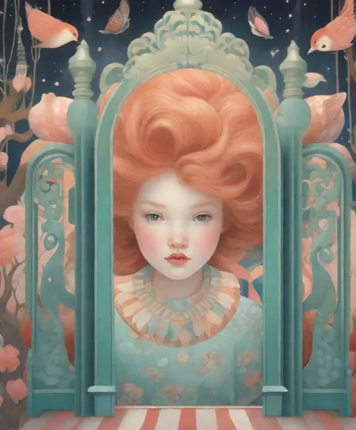 Prompt: The beautiful girl with blowing hair climbing gate to the circus with giant animals Illustration art by Hsiao Ron Cheng, Helene Beland, Jody Bergsma, Amy Brown. folk art-inspired illustrations, bold patterned quilts, pastel colours, bloomcore, mixes painting and ceramics, precise, detailed architecture paintings, cute and dreamy. Extremely detailed, intricate, beautiful. 
