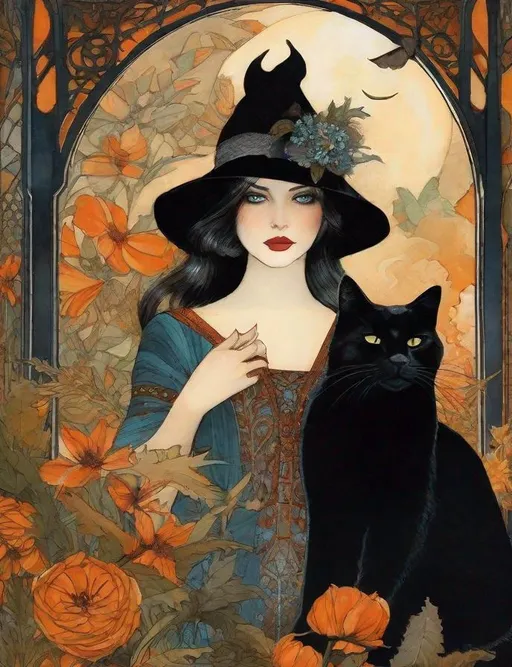 Prompt: A mesmerizing witch with pretty face and beautiful green eyes surrounded by magical flowers and her black cat art by Anna and Elena Balbusso, Saturno Butto, Leon Bakst, Marc Allante, Charles Robinson, pol Ledent. inlay, watercolors and ink, beautiful, fantastic view, extremely detailed, intricate, best quality, highest definition, rich colours. intricate beautiful, award winning fantastic view ultra detailed, 3D high definition