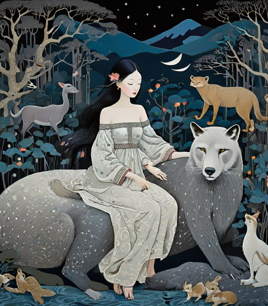 Prompt: She is a night girl with night animals style of Genevieve Godbout, Robert Gillmor, Amy Giacomelli, Wu Guanzhong. Extremely detailed, intricate, beautiful, 3d, high definition 