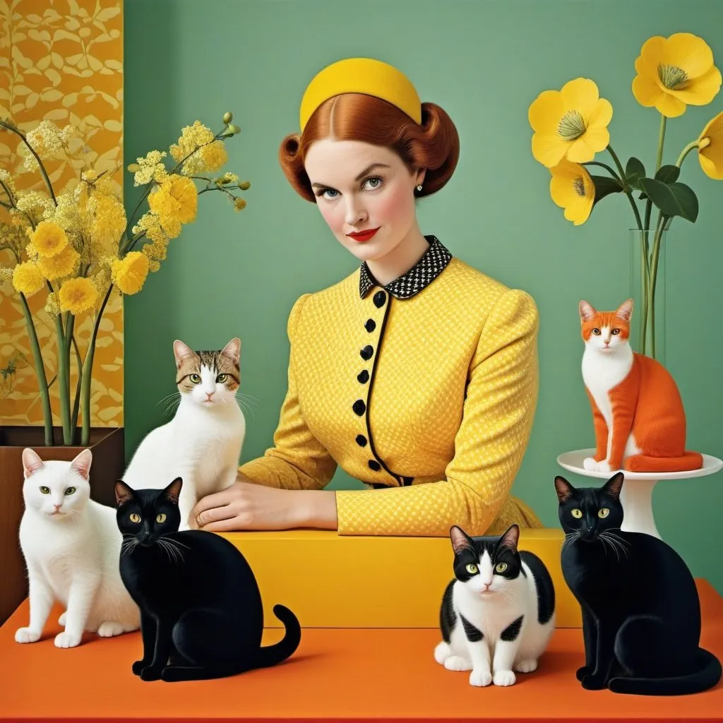 Prompt: The beautiful lady, She likes cats a lot, an unreasonable amount of cats, vivid thick colors, Marion Peck, Orla Kiely, Simen Johan, Alisa Burke, Anna Silivonchik, Norman McLaren