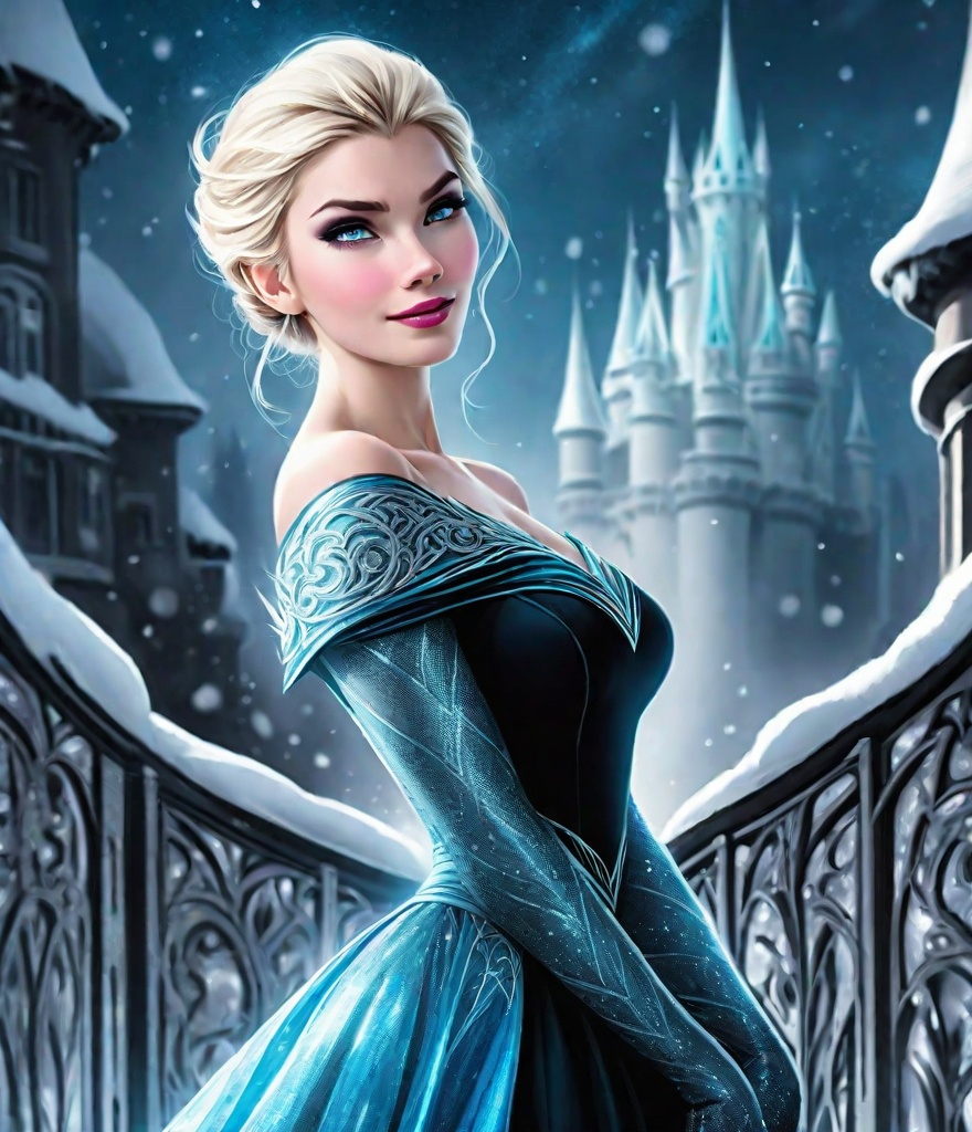 Prompt: let it go, let it go, gorgeous super-villain, dark gothic evil Disney Princess Elsa (Ed Benes Studio), bad-girl Elsa singing on the frozen bifrost bridge, symmetrical portrait, comic book art, very elegant, fantasy character art