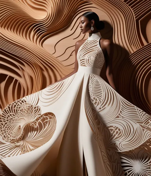 Prompt: Black light haute couture full body ethereal serene charybdis heliocentric fashions vogue abstract editorial album cover shot with nikon z8 2D woodcut layered lasercut 