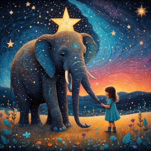Prompt: The little native super cute girl holding her star magical stick posing with her cute elephant friend. In style of james r eads and Sam Toft. Naive art, 3d, extremely detailed, intricate cinematic lighting, high definition 