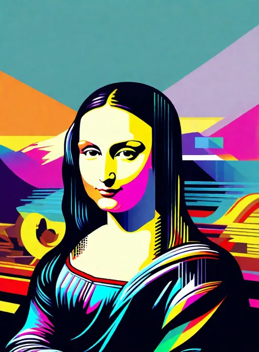 Prompt: constructivist glitch art, mona lisa as a digital call centern agent reaching out to the viewer 