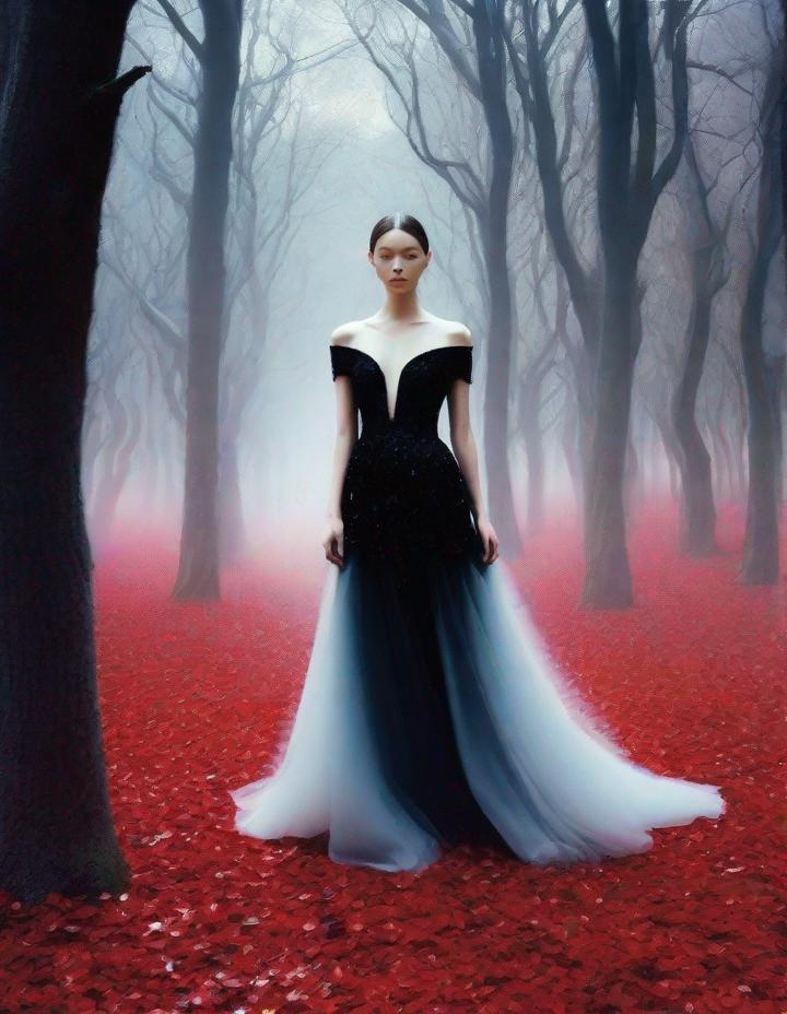 Prompt: A beautiful young lady, beautiful face, wearing opalescent black dress in a ghostly forest of white stem trees with red leaves, god rays through the tees, rim lighting, art by Mario Sorrenti, Masaaki Sasamoto,  Yves Saint-Laurent, Paolo Roversi, Thomas Edwin Mostyn, Hiro isono, James Wilson Morrice, Axel Scheffler, Gerhard Richter, pol Ledent, Robert Ryman. Guache Impasto and volumetric lighting. Mixed media, elegant, intricate, beautiful, award winning, fantastic view, 4K 3D, high definition, hdr, focused, iridescent watercolor and ink