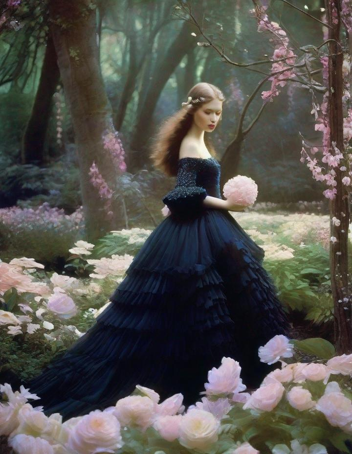 Prompt: Lovely pretty beautiful young lady, beautiful face, in a magical whimsical fashion forest in bloom art art by  Edward Steichen, Yves Saint-Laurent, Yulia Brodskaya, Edward Julius Detmold, Paolo Roversi, Thomas Edwin Mostyn, Hiro isono, James Wilson Morrice, Axel Scheffler, Gerhard Richter, pol Ledent, Robert Ryman. Guache Impasto and volumetric lighting. Mixed media, elegant, intricate, beautiful, award winning, fantastic view, 4K 3D, high definition, hdr, focused, iridescent watercolor and ink