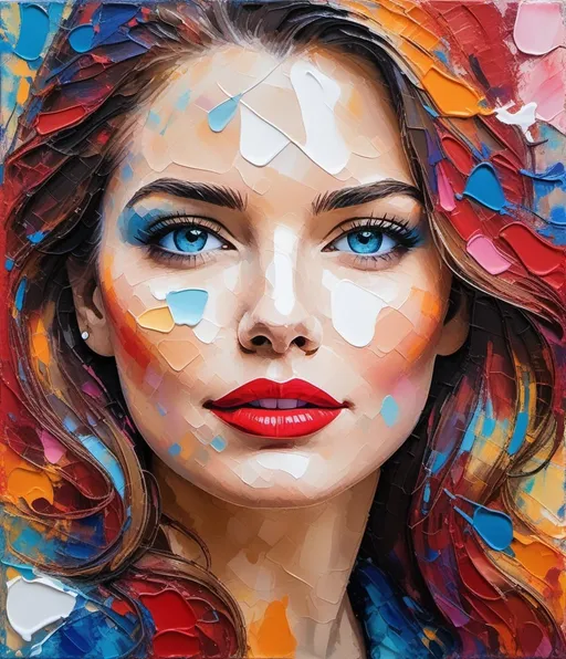 Prompt: Abstract impressionist, vibrant closeup painting of a beautiful woman's face with a colorful, textured application of paint in thick impasto, encaustic texture, splatter of gradient crossed colors mixture on the side, blue, orange , red pink, painting optical illusion swirling impasto texture, blue eyes, red lipstick, white background