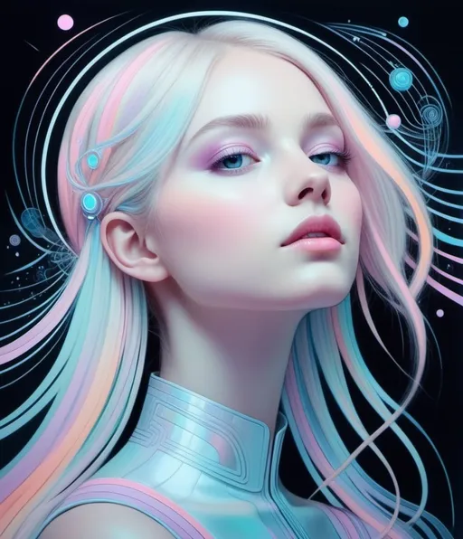 Prompt: A surreal dreamlike portrait of a girl, pastel futuristic symphonic luminosity in the style of a line drawing