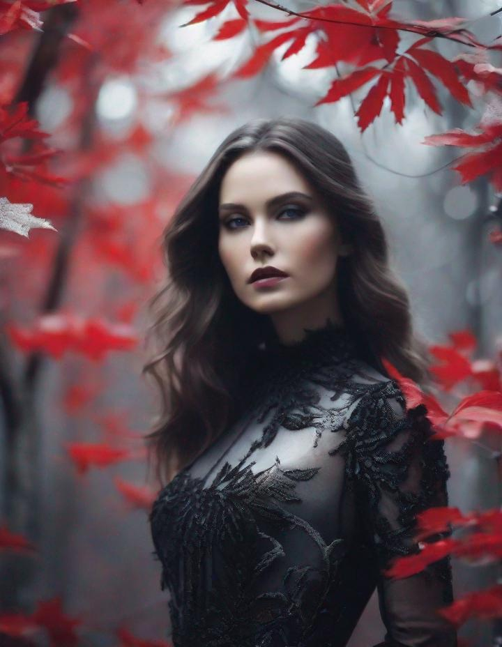 Prompt: A beautiful young lady, beautiful face, wearing black/silver dress in a ghostly forest of white stem trees with red leaves art by  Rebeca Saray, Yves Saint-Laurent, Paolo Roversi, Thomas Edwin Mostyn, Hiro isono, James Wilson Morrice, Axel Scheffler, Gerhard Richter, pol Ledent, Robert Ryman. Guache Impasto and volumetric lighting. Mixed media, elegant, intricate, beautiful, award winning, fantastic view, 4K 3D, high definition, hdr, focused, iridescent watercolor and ink