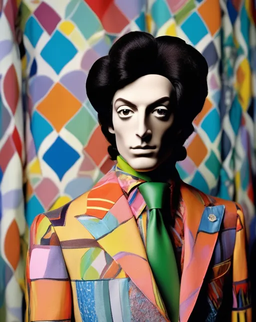 Prompt: maximalist sartorialist prince of vibrant fabric in fornasetti style, by laurie simmons, minimal male figure in 1970s hairstyle 