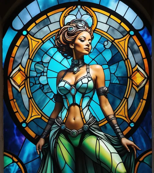 Prompt: graffiti poster with harmonic colors and organic shapes of a biopunk lady in tease pose, trompe l’oeil, stained glass, voidkeeper, deep perspective, depth, solar transcendental art