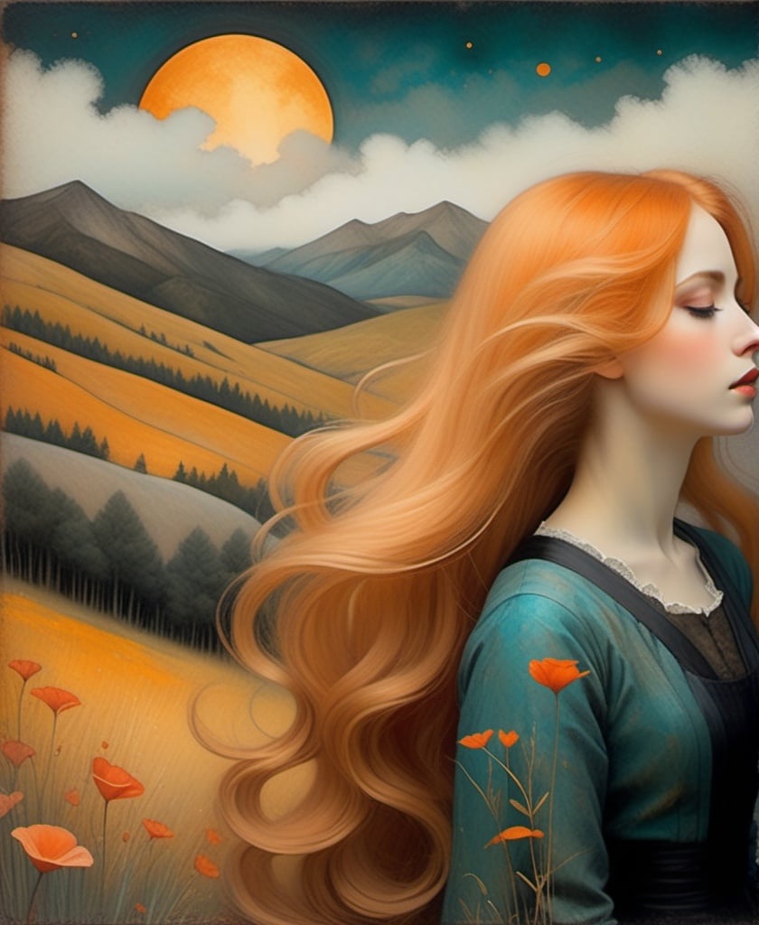 Prompt: Craquelure, tempera, oil textured art by Iren Horrors, art by Daria Petrilli and Gabriel Pacheco, style of Odilon Redon, Degas style, Theophile Steinlen: the beautiful lady with the long blowing peach ombre hair in the middle of nowhere, she melts into mountainous landscape, bright decoupage, impasto.