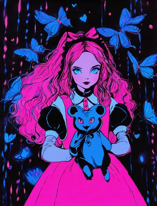 Prompt: Alice in Wonderland, blue neon eyes, neon pink, black background, creative, expressive, unique, high-quality, Canon EOS 5D Mark IV DSLR, 185mm lens f/8 aperture, 1/125 second shutter speed, ISO 100, Adobe Photoshop