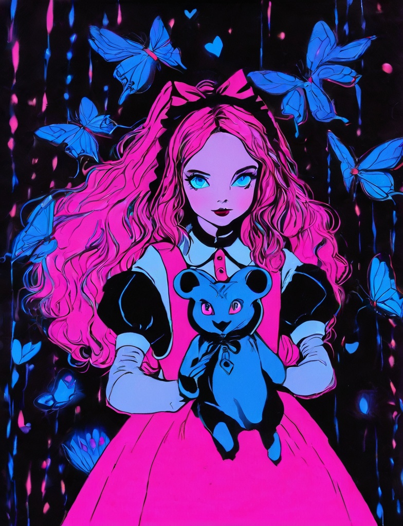 Prompt: Alice in Wonderland, blue neon eyes, neon pink, black background, creative, expressive, unique, high-quality, Canon EOS 5D Mark IV DSLR, 185mm lens f/8 aperture, 1/125 second shutter speed, ISO 100, Adobe Photoshop