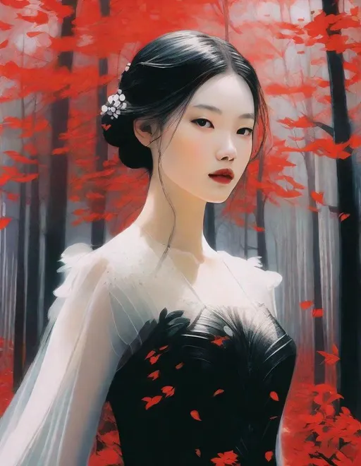 Prompt: A beautiful young lady, beautiful face, wearing opalescent black dress in a ghostly forest of white stem trees with red leaves, god rays through the tees, rim lighting, art by  Masaaki Sasamoto, Yves Saint-Laurent, Paolo Roversi, Thomas Edwin Mostyn, Hiro isono, James Wilson Morrice, Axel Scheffler, Gerhard Richter, pol Ledent, Robert Ryman. Guache Impasto and volumetric lighting. Mixed media, elegant, intricate, beautiful, award winning, fantastic view, 4K 3D, high definition, hdr, focused, iridescent watercolor and ink