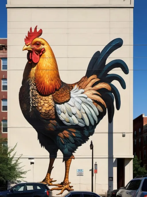 Prompt: a metaphorical chicken mural on the side of a building in Philadelphia