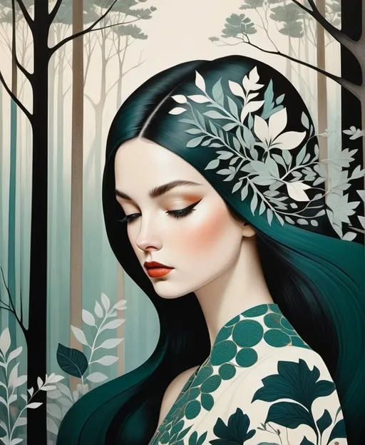 Prompt: The beautiful young lady with blowing hair illustration art by Ruben Ireland, Paolo Uccello, Albert Dubout, Amy Earles, Tristan Eaton. Patina painting Whimsical forest background, Extremely detailed, intricate, beautiful. 
