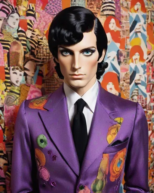 Prompt: maximalist sartorialist prince of vibrant fabric in fornasetti style, by laurie simmons, minimal male figure in 1970s hairstyle 