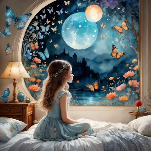 Prompt:  A cute girl in magical fantastic bedroom with whimsical animals , butterflies and art by Florence Harrison, Yulia Brodskaya, catrin Welz Stein, Rosalba Carriera, pol Ledent, Doug Chinnery, Maud Lewis, Valerie Hegarty, Endre Penovac, Justin Gaffrey. inlay, watercolors and ink, beautiful, fantastic view, extremely detailed, intricate, best quality, highest definition, rich colours. intricate beautiful dynamic lighting award winning fantastic view ultra detailed 4K 3D high definition hdr 